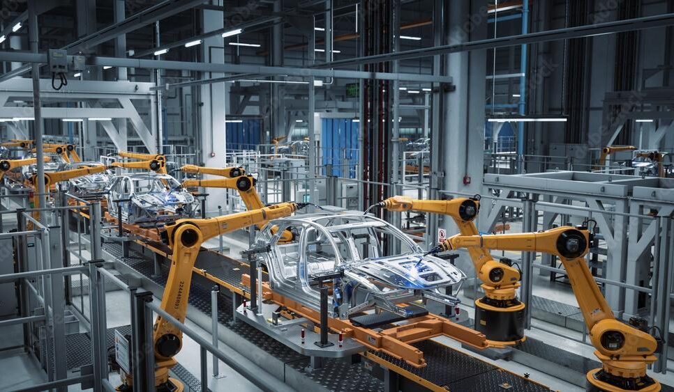 Automated robot arm assembly line manufacturing positioning the body panels prepared in the right position in the car frame