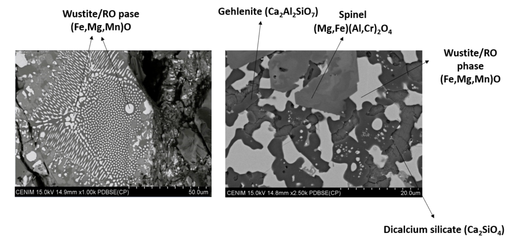 Scanning electron micrographs of industrial slag from an electric arc furnace after solidification.