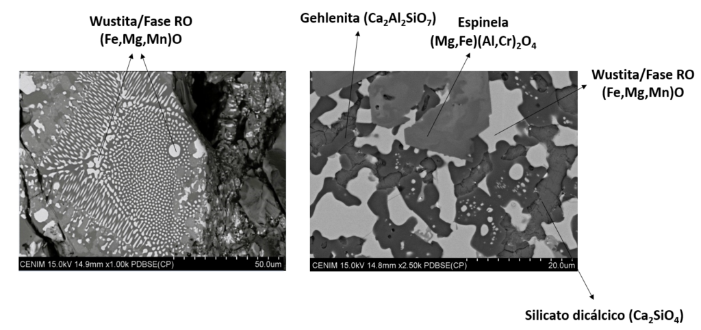 Micrografías electrónicas de barrido de escoria industrial de horno de arco eléctrico tras solidificación